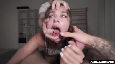 18 year old vet gets HARD fucked in her first threesome POV blowjob doggystyle