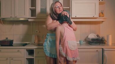 Gloved Hand Chokes Tiny Stepdaughter While Stepmom Fucks Her With A Dildo