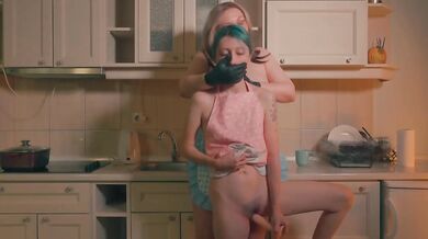 Gloved Hand Chokes Tiny Stepdaughter While Stepmom Fucks Her With A Dildo
