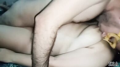 Big natural tits ruined in hard missionary fuck while husband sucks them raw