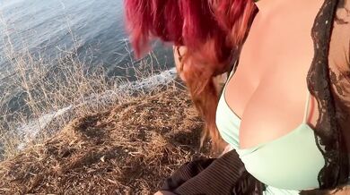 Italian MILF flashing big tits outdoors solo close up insane public shock