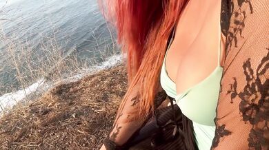 Italian MILF flashing big tits outdoors solo close up insane public shock