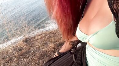 Italian MILF flashing big tits outdoors solo close up insane public shock