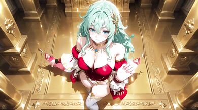 Green-haired Knight Kneels cumming under floating magic books Divine Carnage