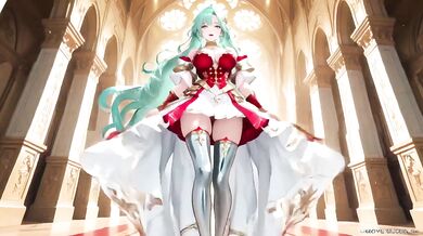 Green-haired Knight Kneels cumming under floating magic books Divine Carnage