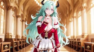 Green-haired Knight Kneels cumming under floating magic books Divine Carnage