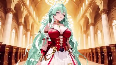 Green-haired Knight Kneels cumming under floating magic books Divine Carnage