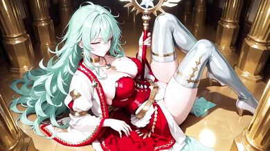 Green-haired Knight Kneels cumming under floating magic books Divine Carnage