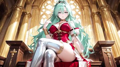 Green-haired Knight Kneels cumming under floating magic books Divine Carnage