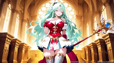 Green-haired Knight Kneels cumming under floating magic books Divine Carnage