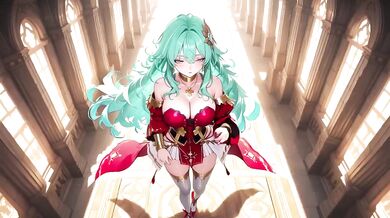Green-haired Knight Kneels cumming under floating magic books Divine Carnage