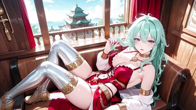 Green-haired Knight Kneels cumming under floating magic books Divine Carnage