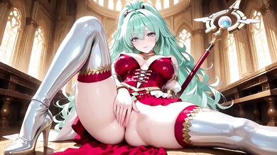 Green-haired Knight Kneels cumming under floating magic books Divine Carnage