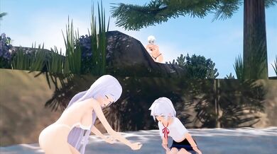 Two hentai girls invite you to fuck in the lake full POV threesome big tits ass