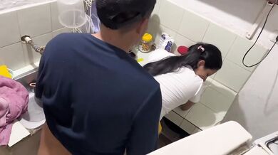 Schoolgirl ruined by her father-in-law's massive cock in the kitchen
