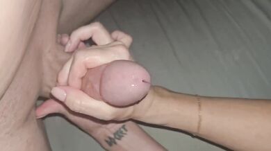 CFNM handjob ends with massive cumshot all over milf clothes and feet