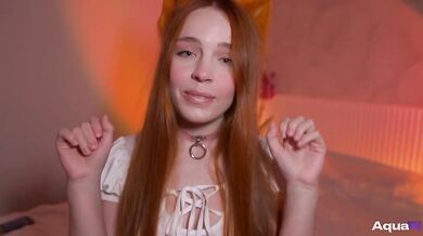 Red-haired cat girl chugs milk gallons while getting face fucked by thick cum