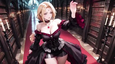 Gothic Witch’s Black Gown Slut Teased by Candlelight Fan Kneeling