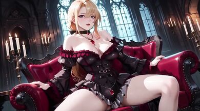 Gothic Witch’s Black Gown Slut Teased by Candlelight Fan Kneeling