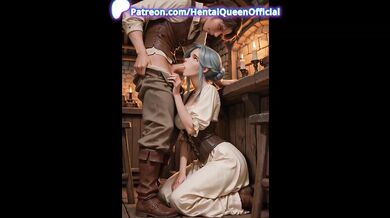 Blue hair harlot gets medieval doggy blowjob in wet tits tavern