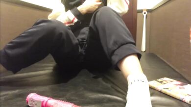 Gushing teen masturbates in net cafe with thick throbbing cock