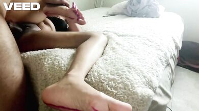 Ebony female avatar POV shows big dick beating tattooed toes raw IRL