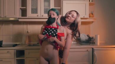 Gloved Stepmom Controls Tiny Stepdaughter With Hand Over Mouth In Apron Kitchen Scene