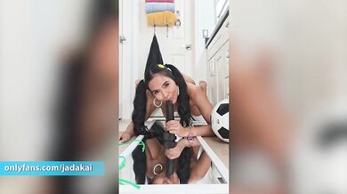 Hot Asian babe in a Brazil bikini gets naked and destroys herself with a black dildo - Jada Kai