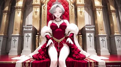 Silver Queen on the Golden Throne destroys you with red silk lazy gaze and teasing glance melting deep blue full hips