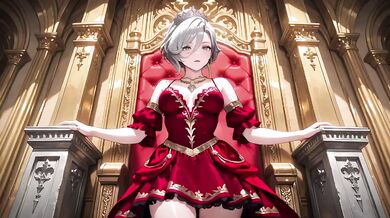 Silver Queen on the Golden Throne destroys you with red silk lazy gaze and teasing glance melting deep blue full hips