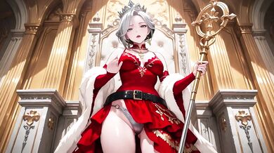 Silver Queen on the Golden Throne destroys you with red silk lazy gaze and teasing glance melting deep blue full hips