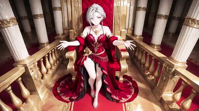 Silver Queen on the Golden Throne destroys you with red silk lazy gaze and teasing glance melting deep blue full hips