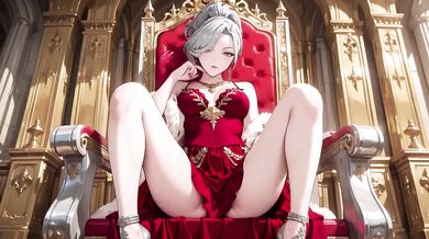 Silver Queen on the Golden Throne destroys you with red silk lazy gaze and teasing glance melting deep blue full hips