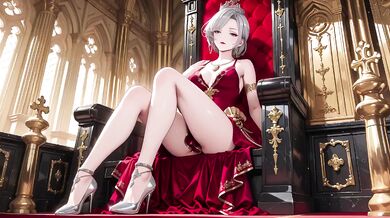 Silver Queen on the Golden Throne destroys you with red silk lazy gaze and teasing glance melting deep blue full hips