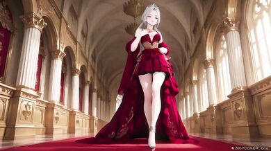 Silver Queen on the Golden Throne destroys you with red silk lazy gaze and teasing glance melting deep blue full hips