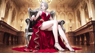 Silver Queen on the Golden Throne destroys you with red silk lazy gaze and teasing glance melting deep blue full hips