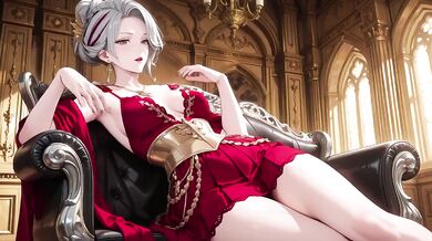 Silver Queen on the Golden Throne destroys you with red silk lazy gaze and teasing glance melting deep blue full hips