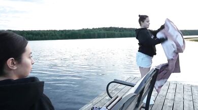 Two Girls Took Their Clothes Off On The Lake And A Passing Surfer Had Sex In The Open Air