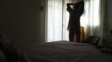 No Bra No Panties Hairy Pussy Milf Masturbation in Bedroom on Selfie