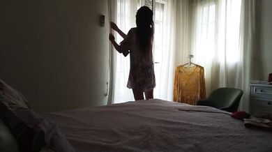 No Bra No Panties Hairy Pussy Milf Masturbation in Bedroom on Selfie