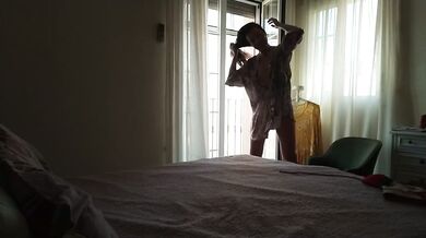No Bra No Panties Hairy Pussy Milf Masturbation in Bedroom on Selfie