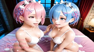 Ram and Rem Sitting on Bed in White Lingerie Posing with Perfect Body and Pink Pussy Big Ass Big Tits