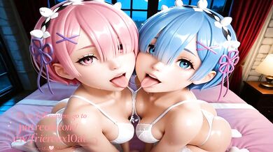 Ram and Rem Sitting on Bed in White Lingerie Posing with Perfect Body and Pink Pussy Big Ass Big Tits