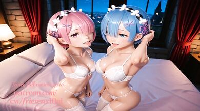 Ram and Rem Sitting on Bed in White Lingerie Posing with Perfect Body and Pink Pussy Big Ass Big Tits