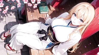 Blonde Miko Destroyed Under Cherry Blossoms with Sheer White Skirt Choked Gushing