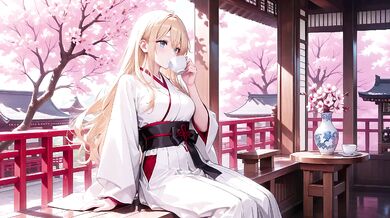 Blonde Miko Destroyed Under Cherry Blossoms with Sheer White Skirt Choked Gushing