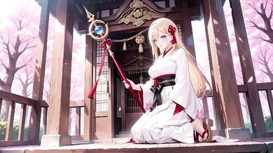 Blonde Miko Destroyed Under Cherry Blossoms with Sheer White Skirt Choked Gushing