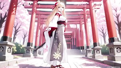 Blonde Miko Destroyed Under Cherry Blossoms with Sheer White Skirt Choked Gushing