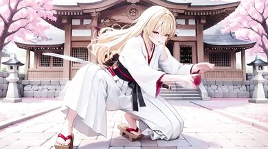 Blonde Miko Destroyed Under Cherry Blossoms with Sheer White Skirt Choked Gushing