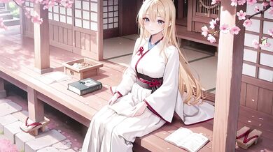 Blonde Miko Destroyed Under Cherry Blossoms with Sheer White Skirt Choked Gushing